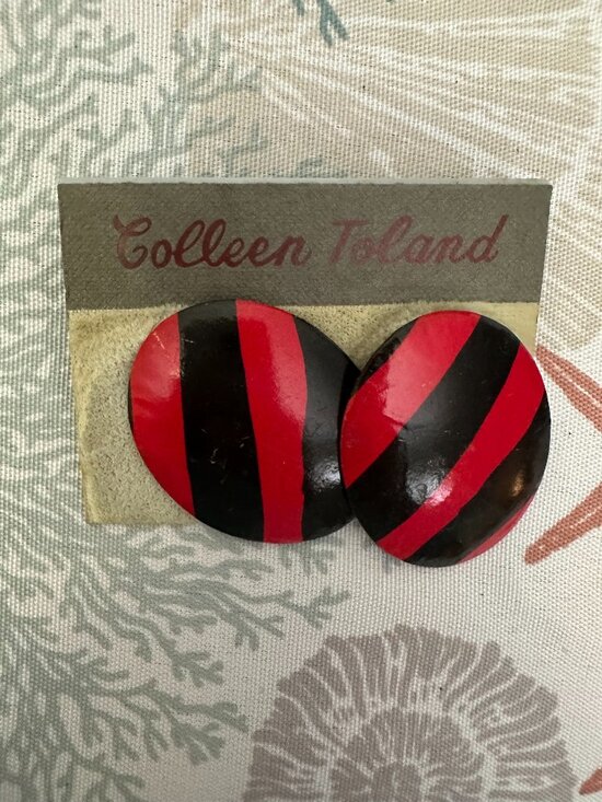Colleen Toland Jewelry - Vintage Colleen Toland Clip-On Earrings Red Black Striped Oval Resin Bold